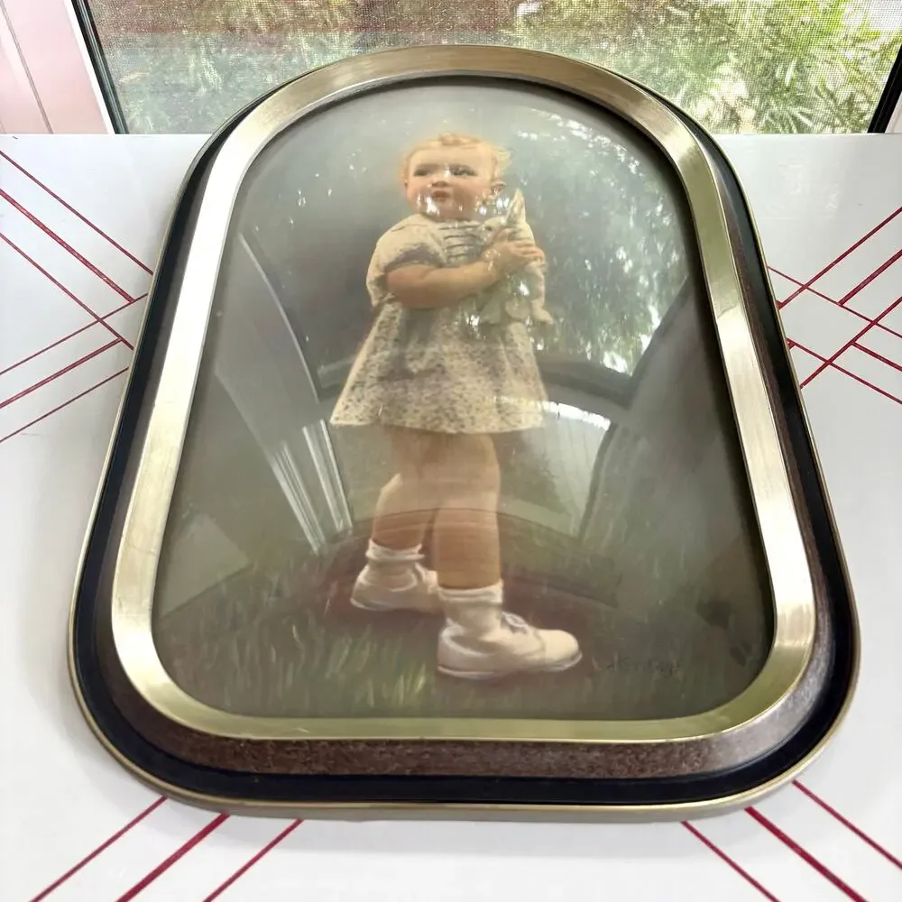 Vintage 1941 Child Portrait Convex Bubble Glass Arched Frame by Heritage